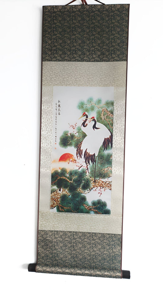 Rouleau mural chinois /Couple de Cigogne & Coucher de soleil