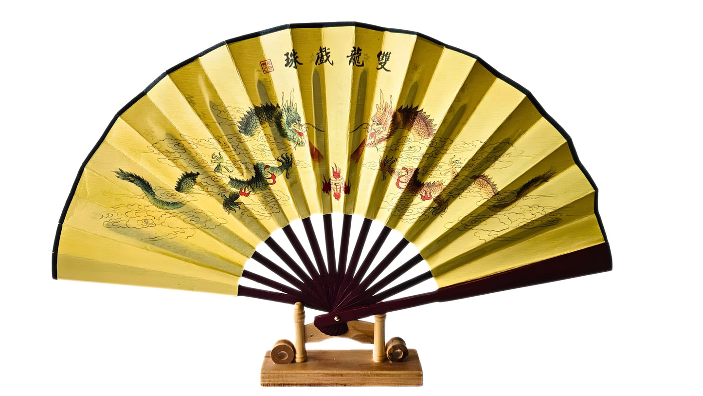 Éventail en bambou - Duo de Dragons Protecteurs