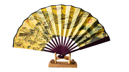 Éventail en bambou - Scène d'un Village Traditionnelle Chinois