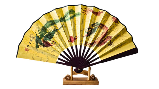 Éventail en bambou - Dragon Protecteur et Paon Mystique