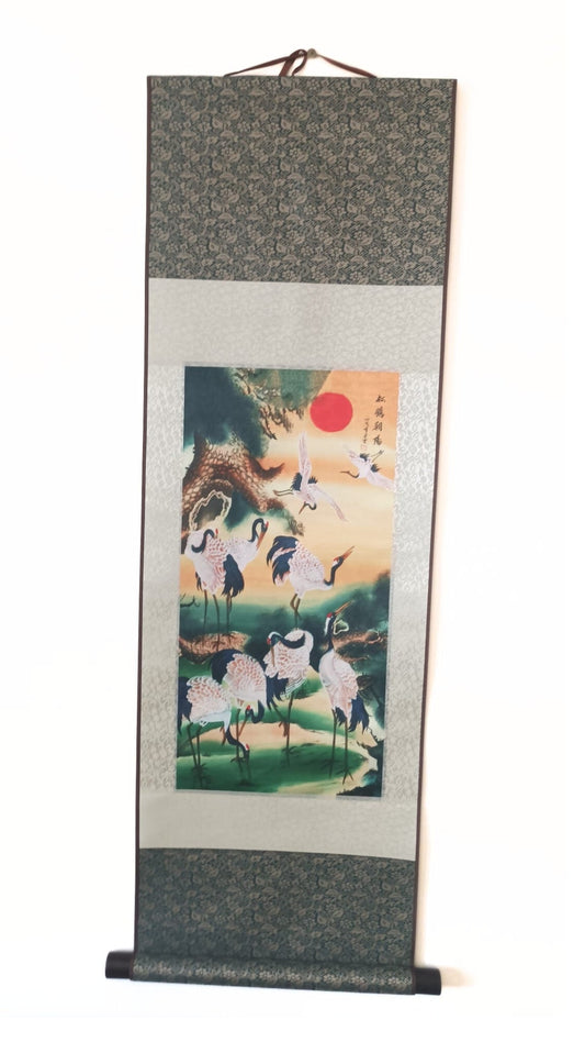 Rouleau mural chinois /Famille de Cigogne & Coucher de soleil