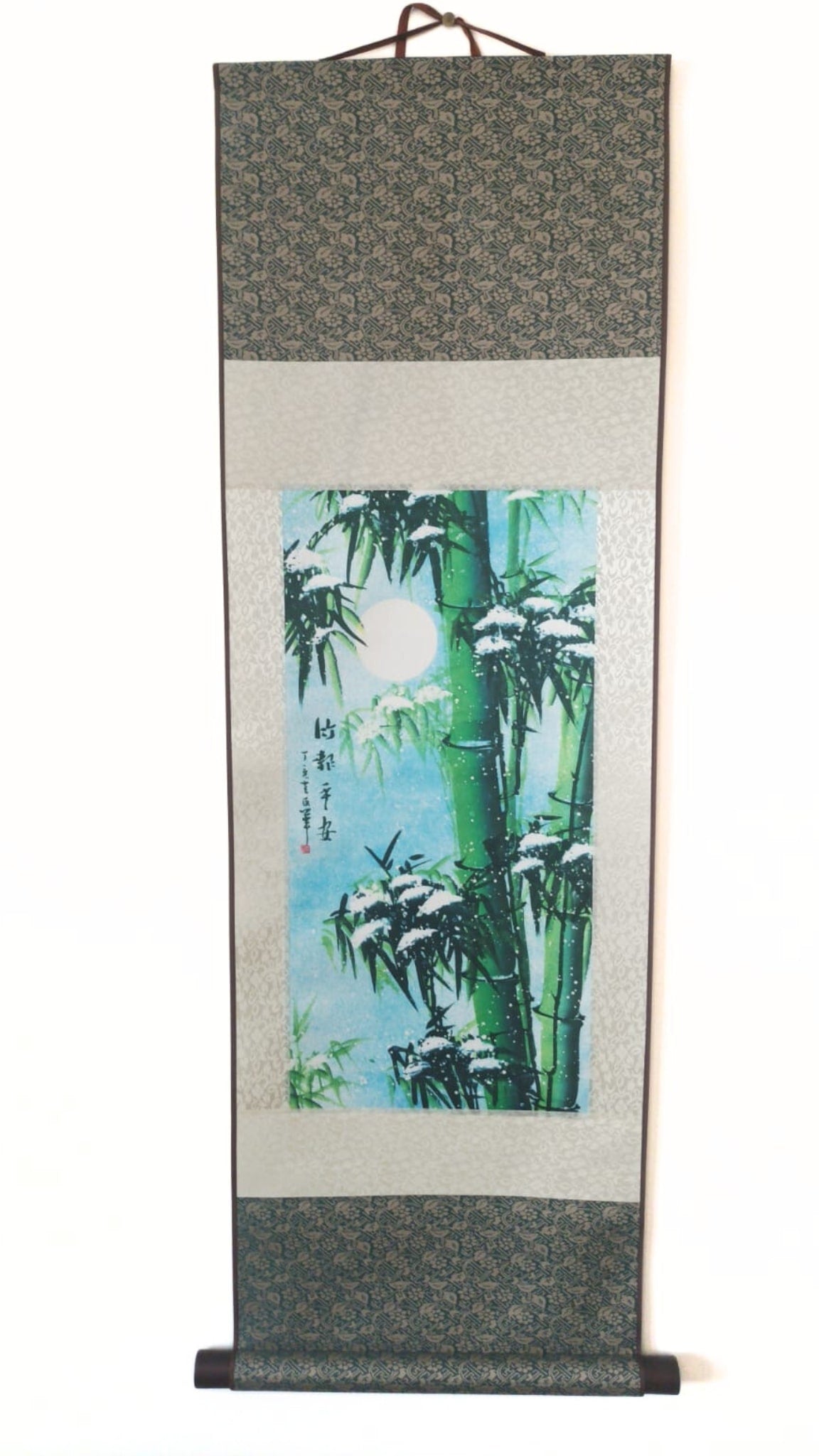 Rouleau mural chinois / Tige de Bambou Vert avec neige