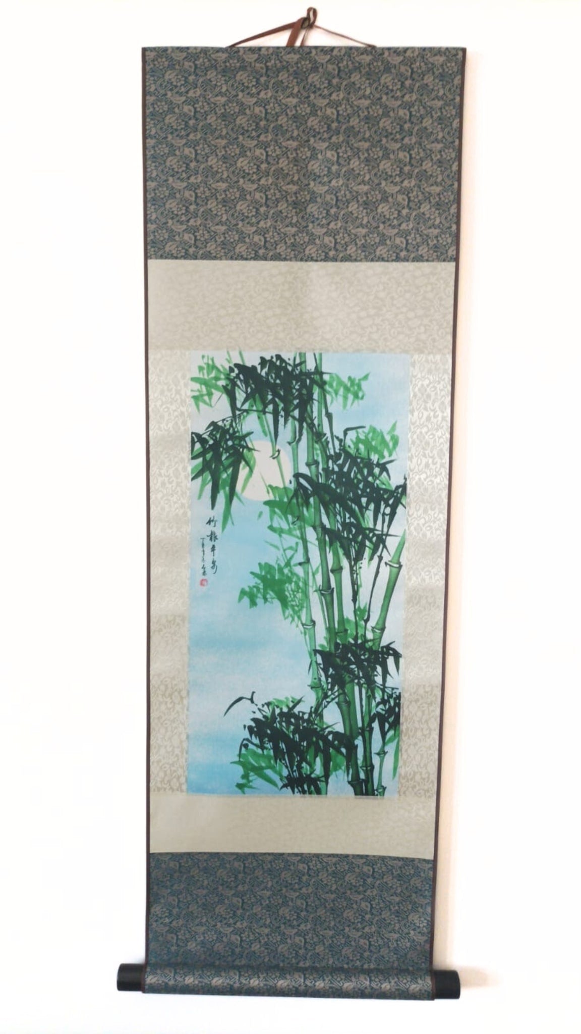 Rouleau mural chinois /Tige de Bambou Vert et Pleine lune